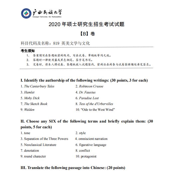 考研真題：廣西民族大學2020年碩士研究生招生考試試題819英美文學與文化