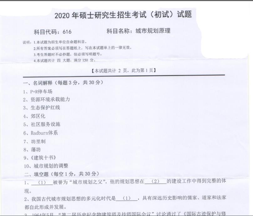 考研真題：西南科技大學(xué)2020年碩士自命題試題616城市規(guī)劃原理