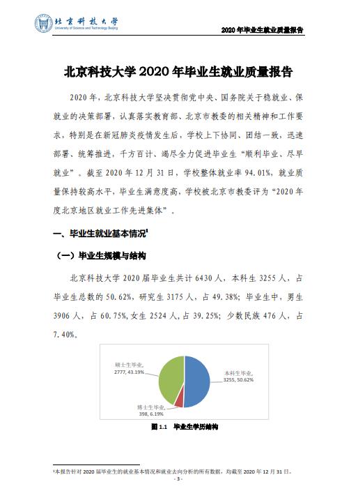 北京科技大學2020年畢業生就業質量年度報告